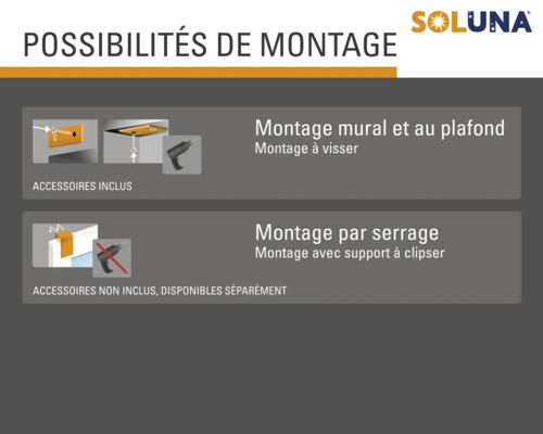 Soluna Possibilités de montage mural et au plafond, montage à visser, montage par serrage avec support à clipser