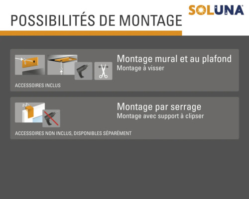 Logo Soluna. Options de montage: Montage mural et au plafond avec vis, montage par serrage avec support à clipser. Accessoires inclus ou vendus séparément.