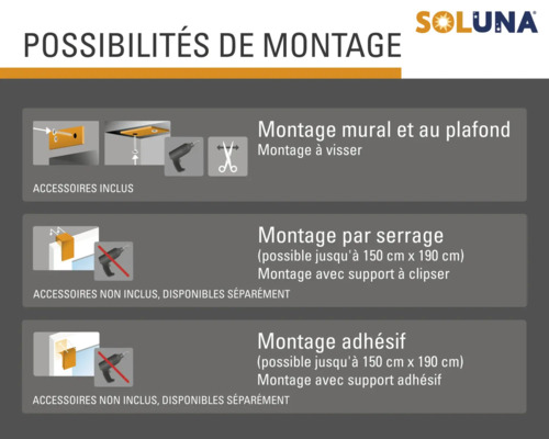Options de montage pour les produits Soluna: montage mural, au plafond, par serrage et adhésif.