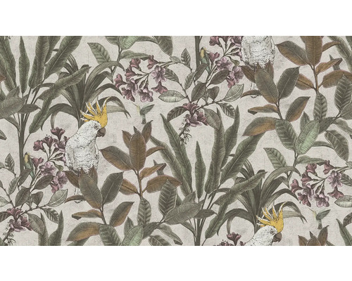 Papier peint avec plantes, cacatoès et colibris