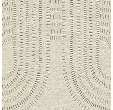 Detailansicht einer strukturierten Tapete mit einem Muster aus vertikalen Strichen und Halbkreisen.