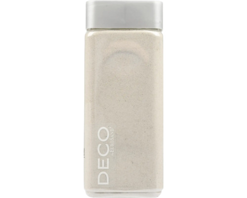 Sable décoratif dans un récipient transparent avec un couvercle gris