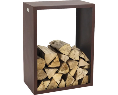 Brennholzregal aus Metall mit Holzscheiten