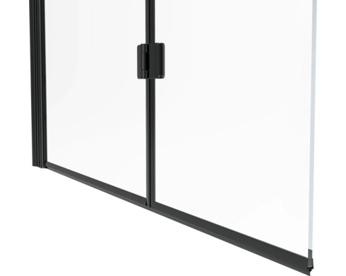 Detailansicht einer Duschkabine mit schwarzem Rahmen und Klarglas