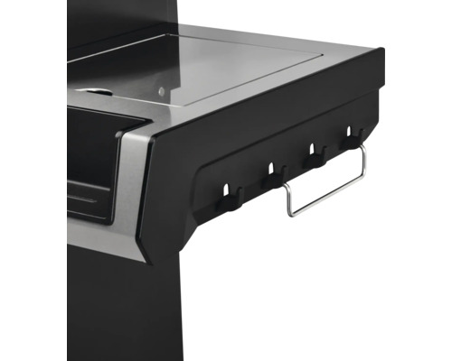 Vue détaillée d''un barbecue avec espace de rangement et support à outils.