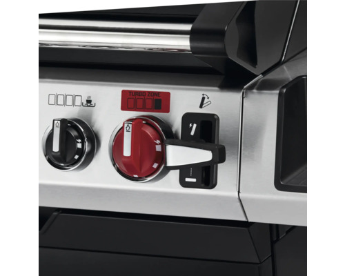 Vue détaillée d''un gril à gaz avec boutons de commande et affichage de la zone turbo