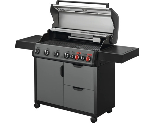 Barbecue à gaz avec six brûleurs, tablettes latérales et placard