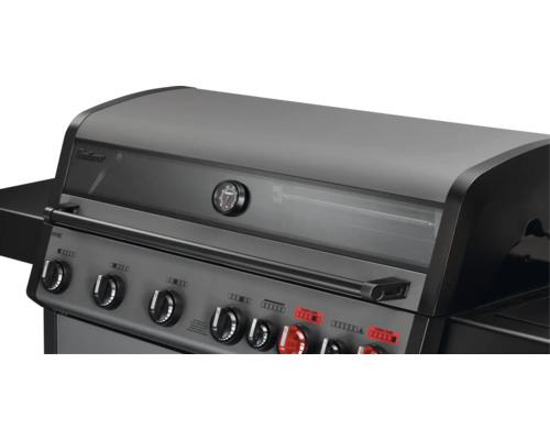 Vue détaillée d''un barbecue à gaz avec affichage de la température et boutons de commande