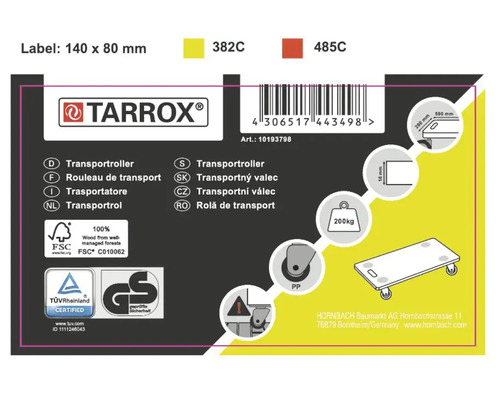 Étiquette de chariot de transport Tarrox avec détails techniques et certifications