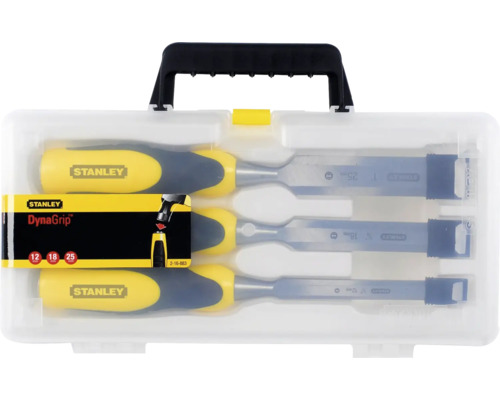 Jeu de ciseaux à bois Stanley avec quatre ciseaux à bois dans une mallette