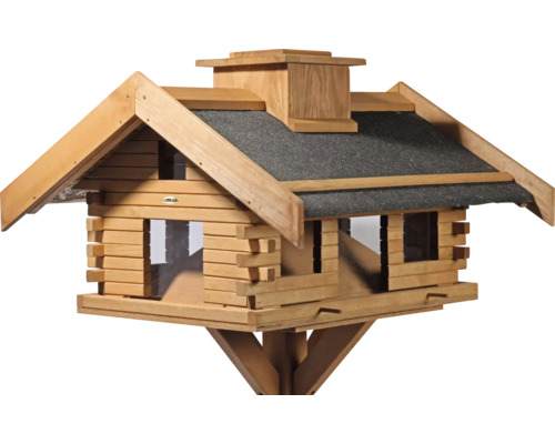 Mangeoire pour oiseaux style chalet en bois avec toit et support