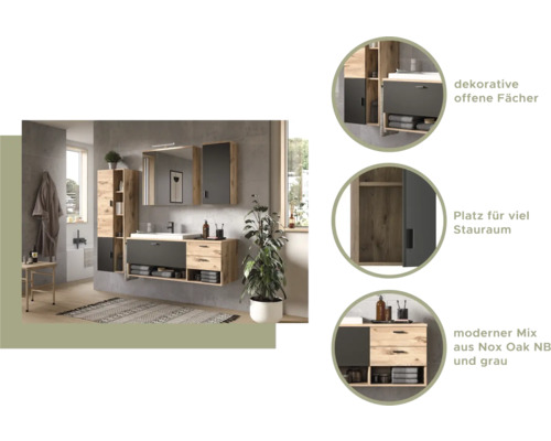 Badezimmer mit Waschtisch, Spiegelschrank und Hochschrank in Holzoptik und Grau