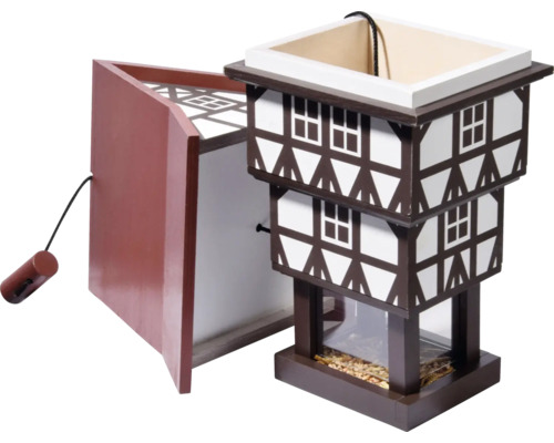 Vogelhaus im Fachwerkhausstil mit Futterspender