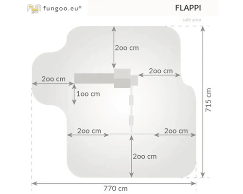 Dimensions de l''aire de jeux Flappi : 770 cm de large, 715 cm de haut, 200 cm de profondeur