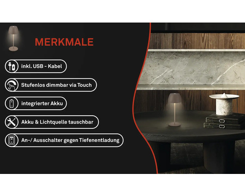 Image d''une lampe de table avec câble USB intégré, variateur continu via fonction tactile, batterie intégrée, batterie et source de lumière remplaçables, ainsi qu''un interrupteur marche/arrêt contre la décharge profonde.