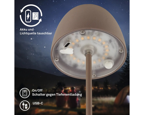 Gros plan d''une lampe champignon avec batterie et source lumineuse remplaçables, interrupteur marche/arrêt et port USB-C
