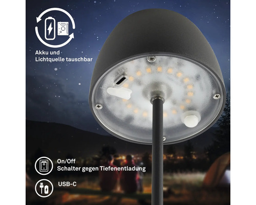 Vue détaillée d''une lampe de jardin avec source lumineuse LED, batterie, connexion USB-C et interrupteur marche/arrêt