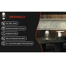 Caractéristiques d''une lampe de table sans fil avec câble USB, variateur tactile, batterie et source lumineuse remplaçables et protection contre les décharges profondes.