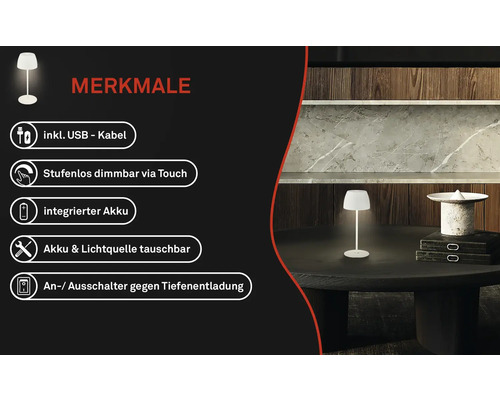 Caractéristiques d''une lampe de table sans fil avec câble USB, variateur tactile, batterie et source lumineuse remplaçables et protection contre les décharges profondes.