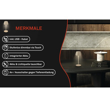 Lampe de table avec câble USB, variateur tactile, batterie intégrée et interrupteur contre la décharge profonde