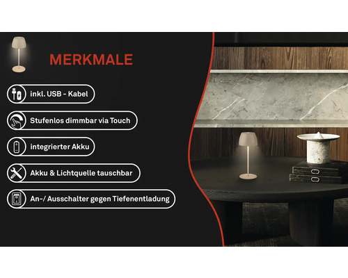 Lampe de table avec câble USB, variateur tactile, batterie intégrée et interrupteur contre la décharge profonde