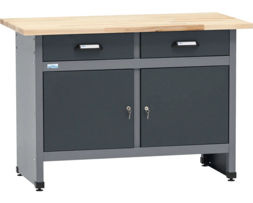 Werkbank mit zwei Schubladen, Unterschrank und Arbeitsplatte aus Holz