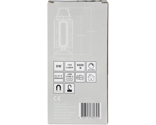 Emballage d''une lampe dimmable de 9 watts avec 1500 lumens, 6500 kelvins, port USB type C et fixation magnétique