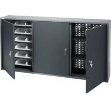 Armoire d'atelier avec portes coulissantes, paroi perforée, compartiments et clé