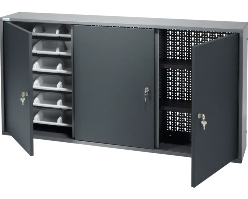 Armoire d'atelier avec portes coulissantes, paroi perforée, compartiments et clé