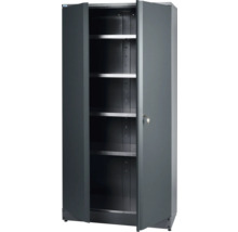 Armoire en acier grise avec étagères et portes ouvertes