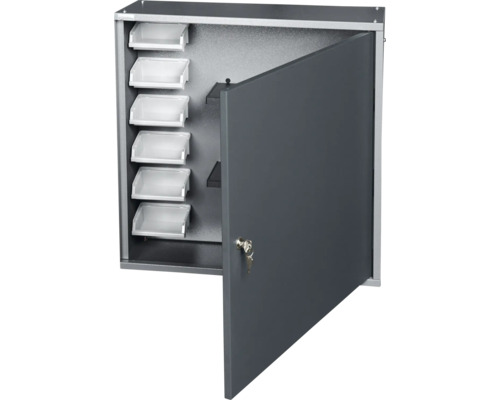 Armoire à outils grise avec porte, clé et étagères