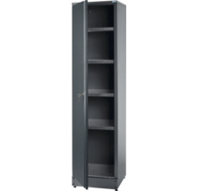 Armoire métallique avec porte ouverte et étagères