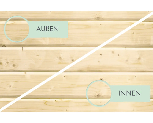 Holzfassade mit Kennzeichnung für Aussen und Innen