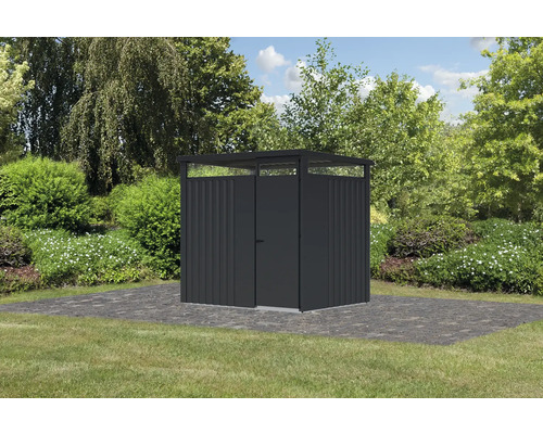 Armoire de jardin en métal avec porte sur surface pavée