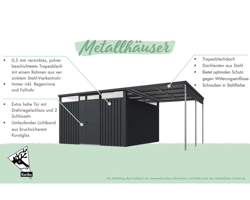 Metallgerätehaus mit Trapezblechdach, Stahl Dachleisten, Tür mit Drehriegelschloss, umlaufendem Lichtband und Regenrinne