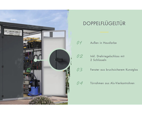 Doppelflügeltür eines Gerätehauses mit Drehriegelschloss und bruchsicherem Fenster