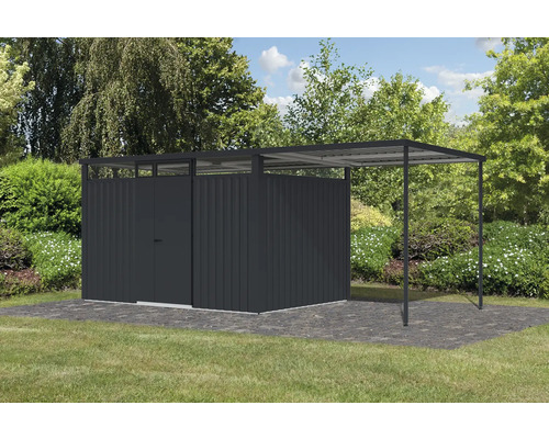 Abri de jardin métallique avec auvent dans le jardin