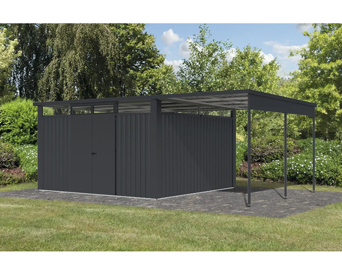 Abri de jardin métallique avec toit dans le jardin