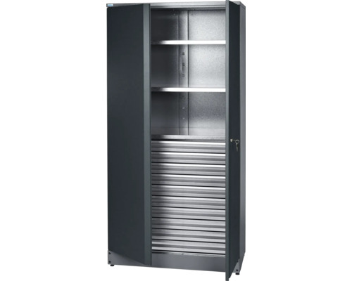 Armoire à porte battante ouverte avec étagères et volet roulant