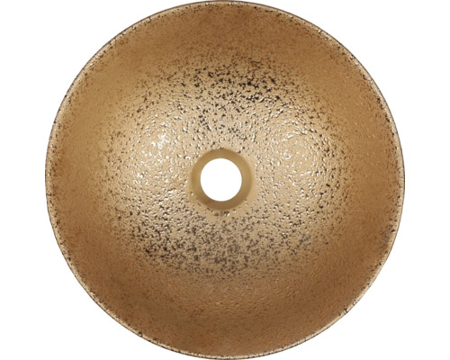 Aufsicht auf ein rundes Waschbecken aus goldfarbenem Material mit Abflussloch