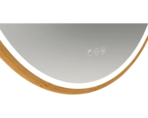 Vue détaillée d''un miroir avec cadre en bois et boutons tactiles pour le fonctionnement