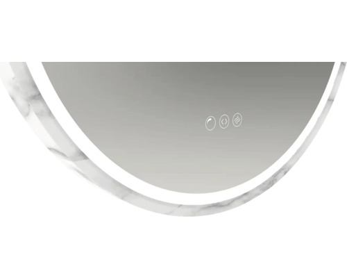 Vue détaillée d''un miroir rond avec fonction tactile et cadre à l''aspect marbré
