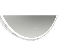 Vue détaillée d'un miroir rond avec cadre en marbre et panneau de commande