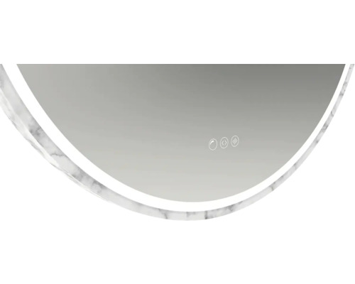 Vue détaillée d'un miroir rond avec cadre en marbre et panneau de commande