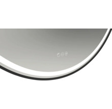 Vue détaillée d''un miroir rond avec éclairage et panneau de commande