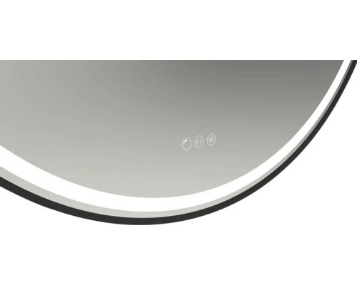 Vue détaillée d''un miroir rond avec éclairage et panneau de commande