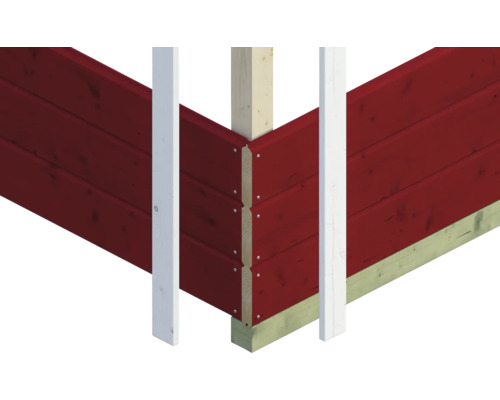 Détail d''angle d''une maison en bois avec façade rouge et poteaux blancs.