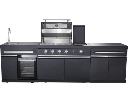 Cuisine d''extérieur avec évier, grill, plaque de cuisson et réfrigérateur