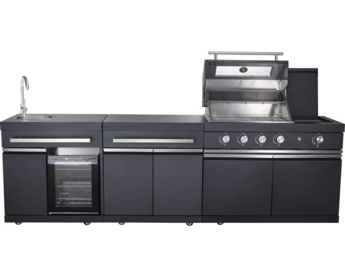 Cuisine extérieure complète avec évier, réfrigérateur et barbecue