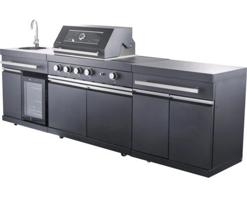 Cuisine d''extérieur avec évier, barbecue, réfrigérateur et placards